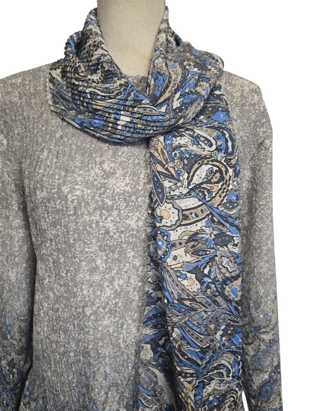 Textured Blue and Gray Blouse with Matching Scarf